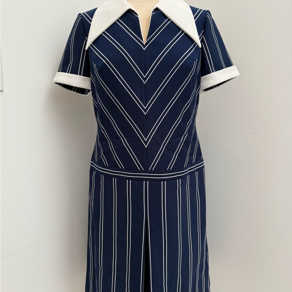 Vintage Navy Striped Dress with White Accents